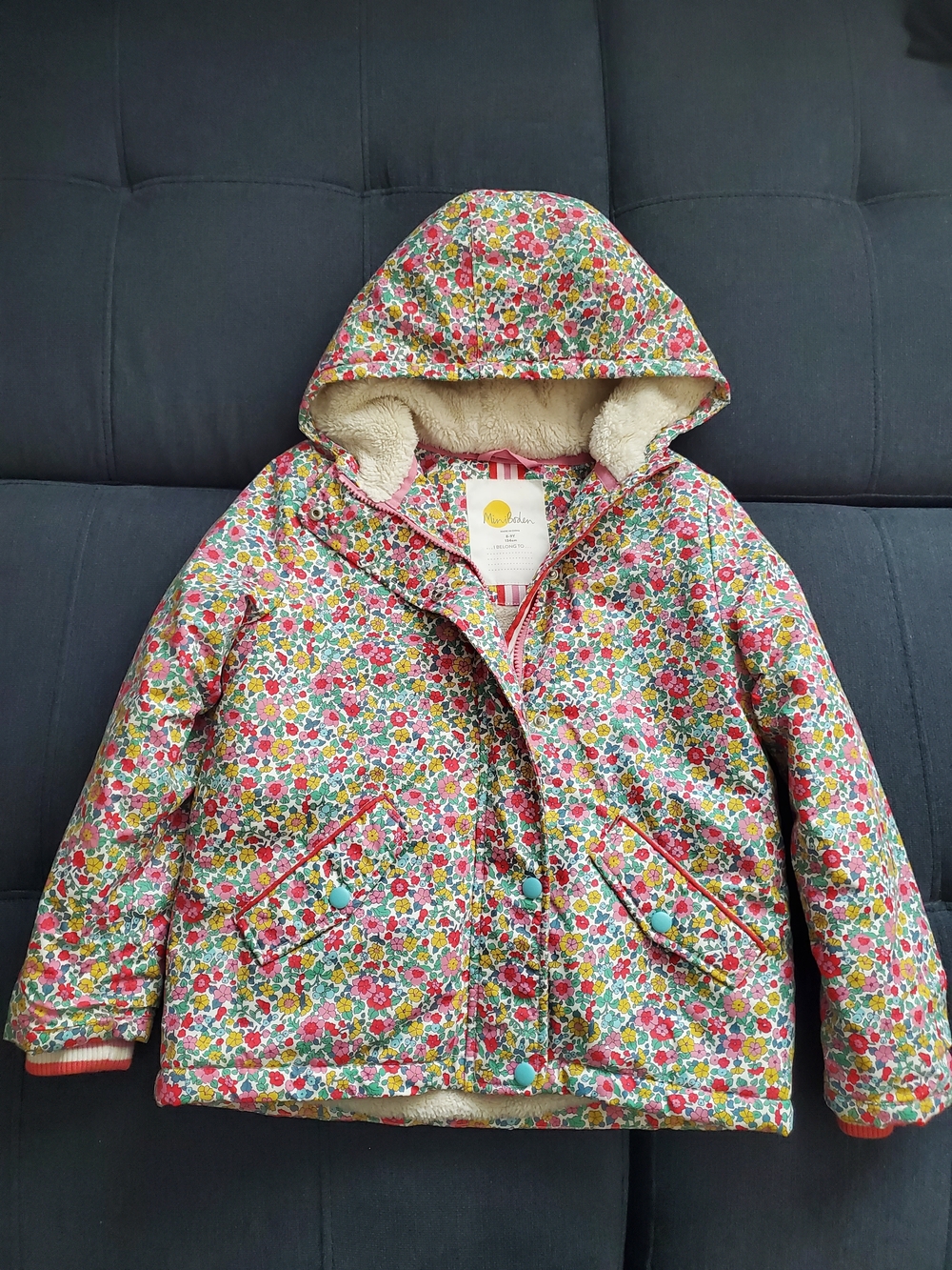 Mini Boden Floral Hooded Fleece Puffer Jacket Anorak